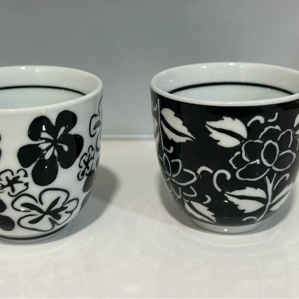 Pier 1 Imports Akina sake or tea cups Black And White Floral Cups Set Of 2